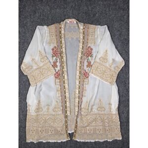 Johnny Was Kimono Cardigan Womens L White Floral Embroidered Open Front Boho